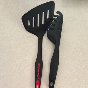 Tupperware Black Nylon Slotted Turner and Pasta Fork with Red Logo